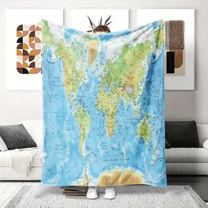 1pc World Map Printed Flannel Blanket - Soft All-Season Throw for Couch, Travel, Camping, Home Decor - Educational Geography Gift in Blue, Green, Brown, White & Black - Machine Washable Cozy Decorative Accent, Camping Accessory, Geometric Pattern