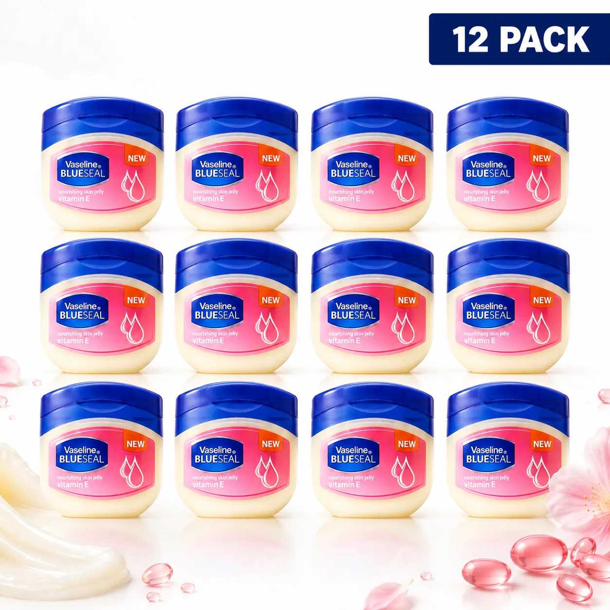 Vaseline Vitamin E Nourishing Petroleum Jelly 12 Pack Bulk (50mL / 1.7oz) Blue Seal Skin Jelly Moisturizer - Deep Hydration Dry Skin Relief Body Face Lip Care Multipack Set Bulk Balm Compact Daily Gentle Moisture Smooth Winter