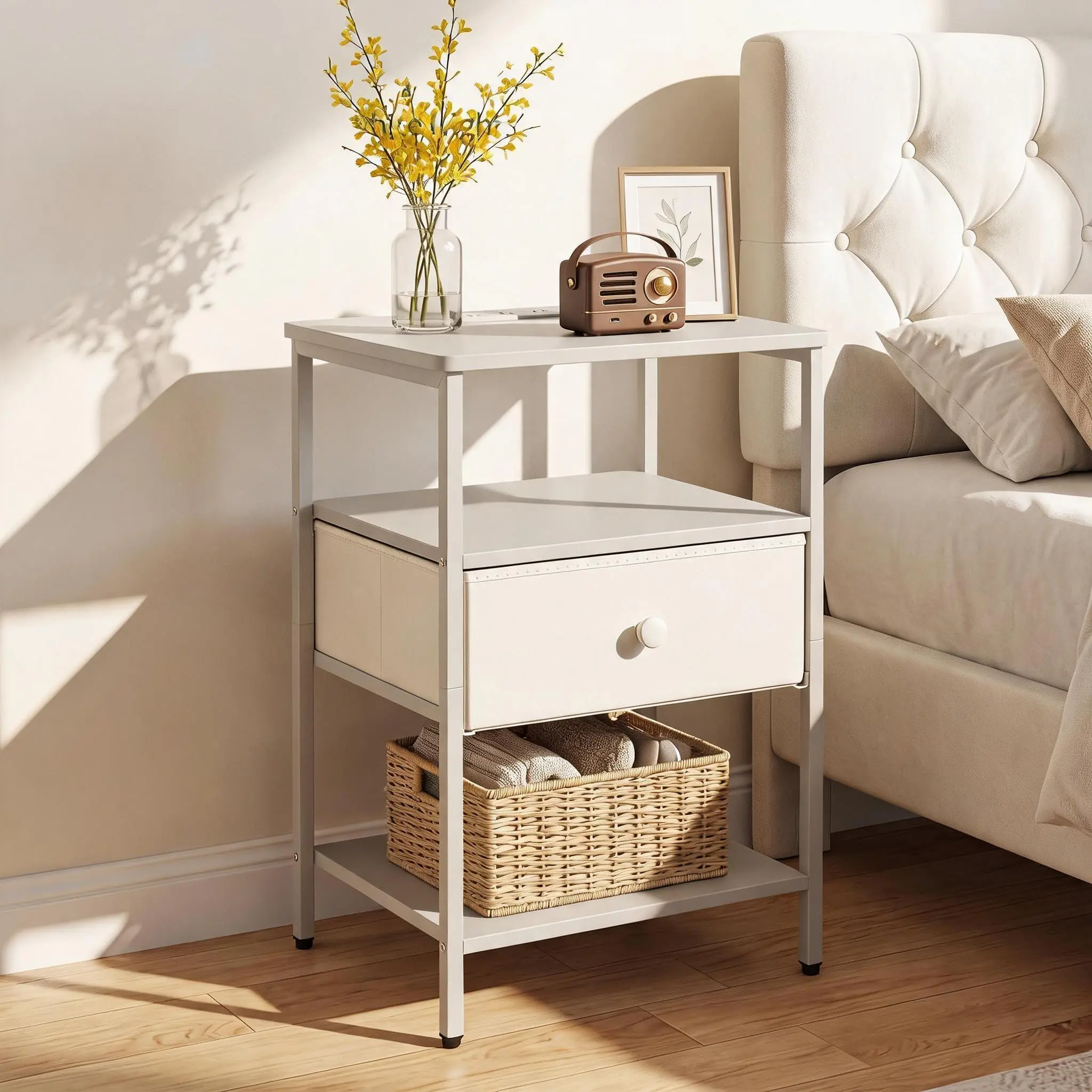 Nightstand with Charging Station, 3-tier open storage side table with fabric drawer, sturdy metal frame end table, versatile bedside table for bedroom, living room, small spaces, white