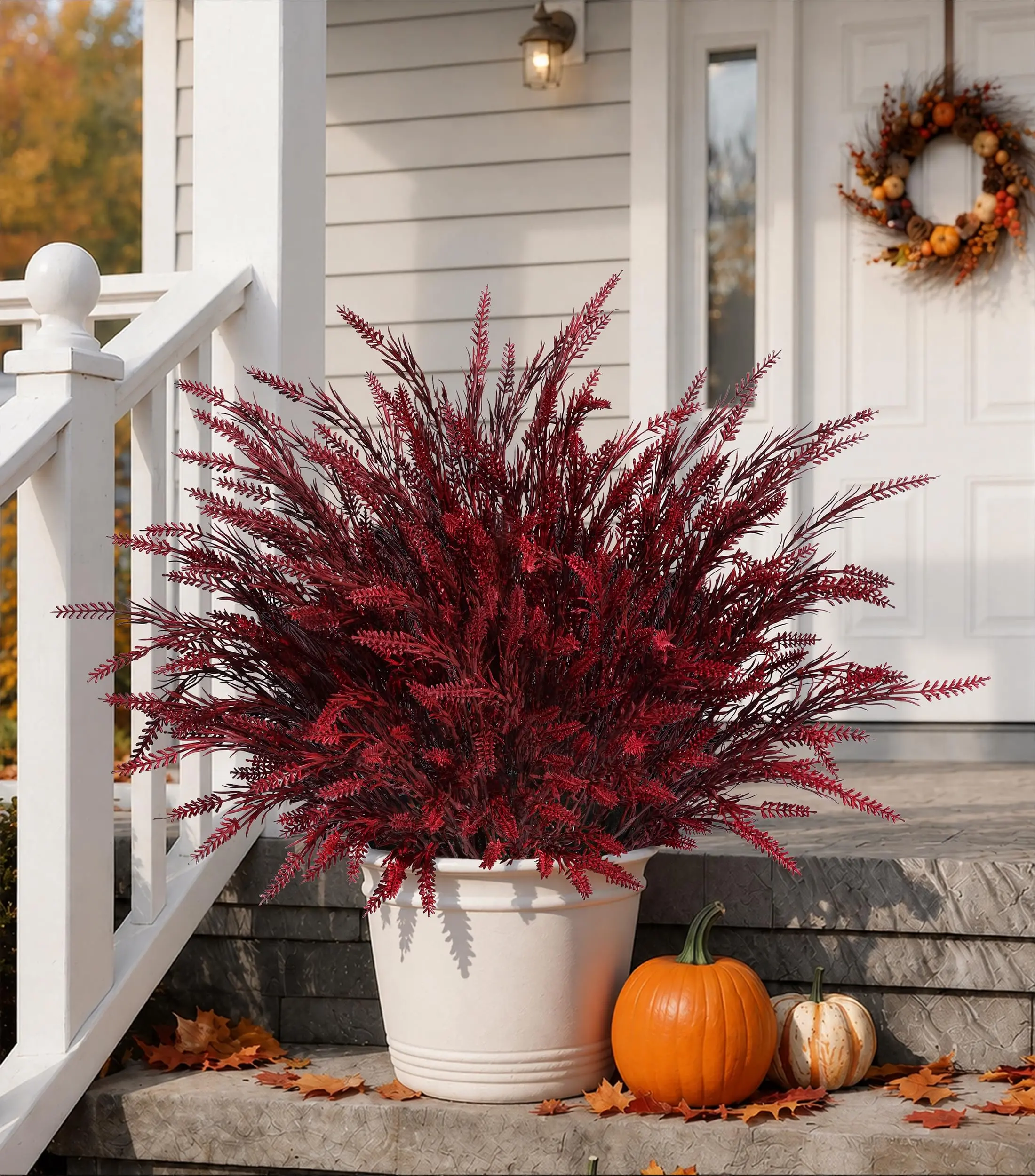 Ivydale Artificial Fake Outdoor Plants for Fall Decoration, 8PCS Faux Wheat Grass Greenery Shurbs UV Resistant Fake Plant for Planter Home Garden Porch Window Box (Burgundy)