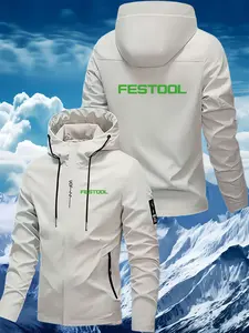 Men's Casual Jacket Festool Logo Print Zipper Windproof Hooded Jacket, Lightweight Durable Polyester, Long Sleeve Pockets, Outdoor Sports