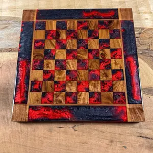 Black Onyx Red Lava Walnut Chess Board (PIECES INCLUDED)