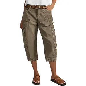 Flamingals Patch Pocket Seam Front Mid Rise Straight Leg Capri Pants Womenswear Stretchy 18.9" Inseam