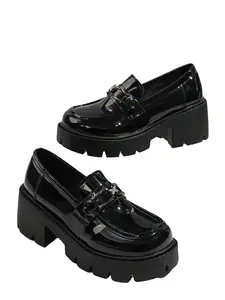 Women's Patent Leather Platform Loafers, Slip-On Chunky Heel School Uniform Shoes, British Style Black Oxfords with Rhinestone Buckle, Non-Slip Rubber Sole for Campus & Daily Wear