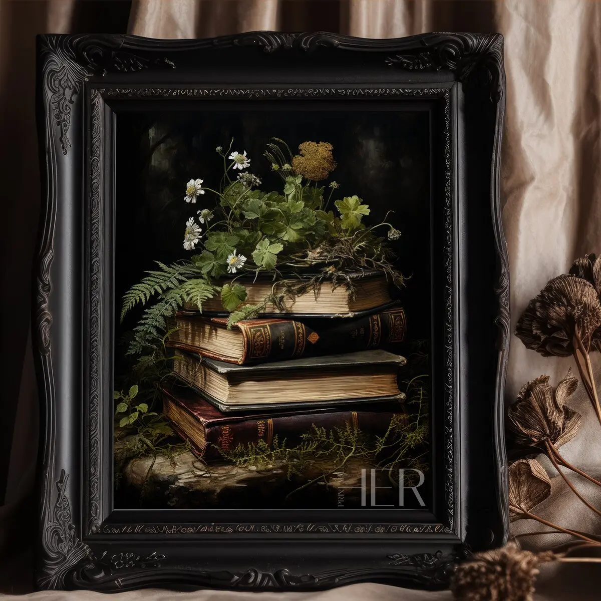 Unframed, Room Decor, Pile of Books with Fern Dark Forest Cottagecore Academia Gothic Floral Botanical Wall Art Decor Moody Victorian Printing | 5 size, 8x12 to 27x40 inch