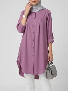 Women's Daily Full-Opening Tube Top, Side Decoration Long Sleeve, Buttoned Hem Blouse, Casual Loose-Fit Shirt for Spring & Fall
