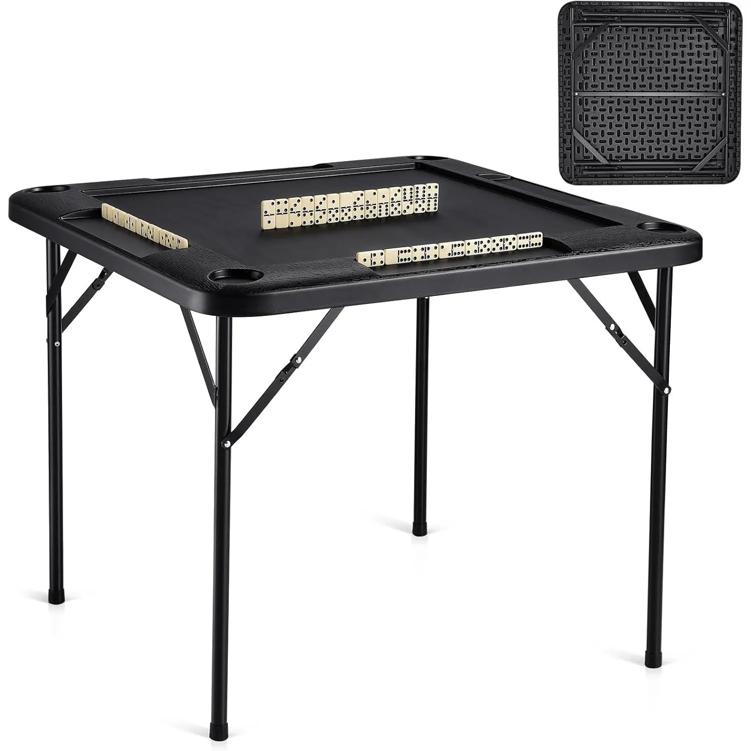 VEVOR Folding Card Table - 4-Player Portable Folding Table with 4 Cup Holders, Chip Trays, Mahjong & Dominoes Set, 35.4x35.4-in, Stylish Appearance, Waterproof, Perfect Gift for Leisure, Rust-Resistant