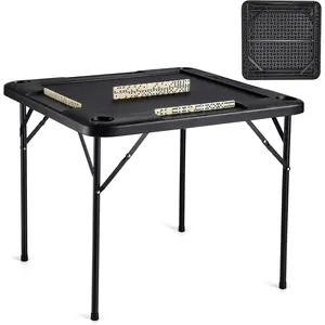 Father's Day Gift VEVOR Folding Card Table, 4 Player Portable with 4 Cup Holders & Chip Trays, Mahjong Domino Game Set, 35.4 x 35.4-inch, Black