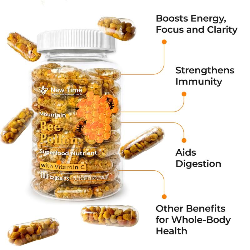 Bee Pollen with Vitamin C, 100 Capsules, Organic Dietary Supplement, Fermented Multivitamin Probiotic Superfood Vital Proteins Immune Support & Energy