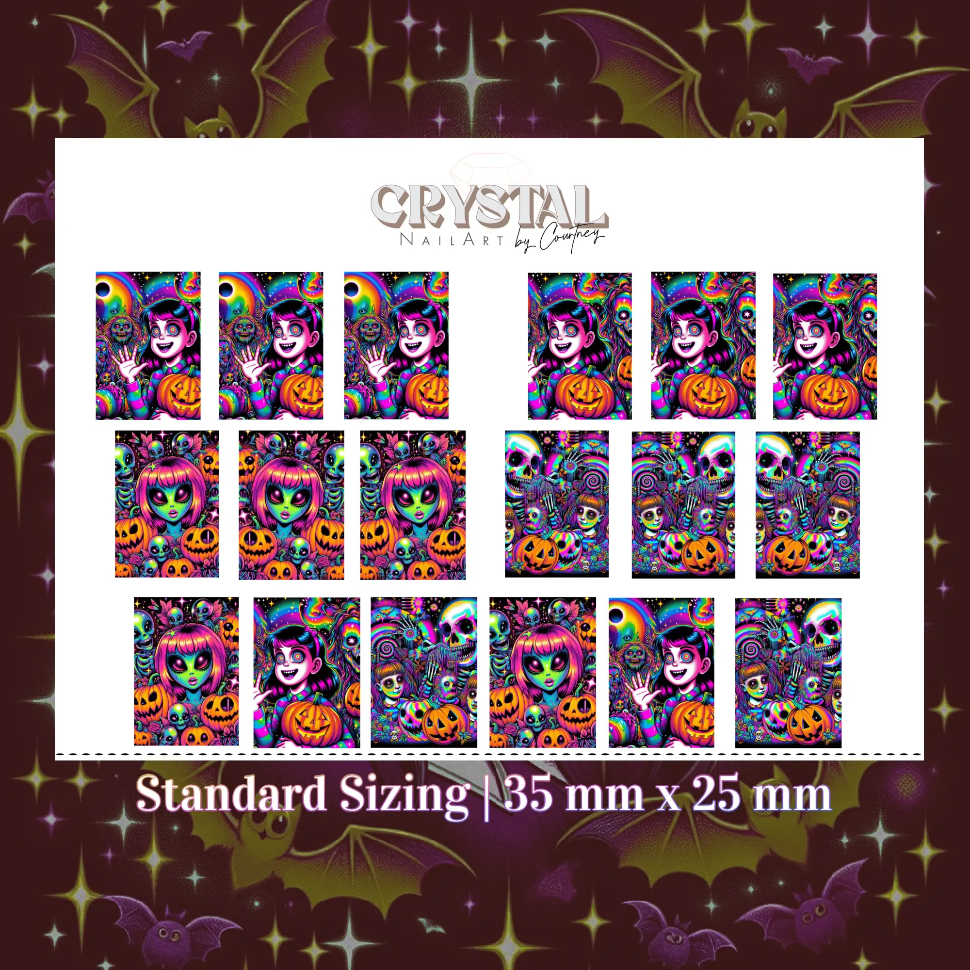 Lisa Frank Neon Horror Waterslide Nail Decals - Full Wrap, 18 Blocks, Standard/Extra Long/Small Sizes