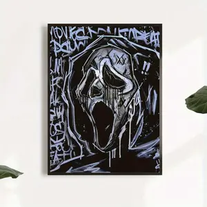 Ghostface Canvas Art Print, Modern Decorative Art Style Black & White Cartoon Poster, Vintage  Frameless Poster Wall Art Decor For Home, Office, Living Room, Bedroom - Ink Minimalist Illustration For Halloween Decoration