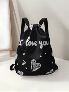 Heart Pattern Drawstring Backpack, Large Capacity Durable Gym Bag, Adjustable Shoulder Straps, Casual Travel Hiking Camping Bag, Workout Sport Bags, Sport Yoga Bag