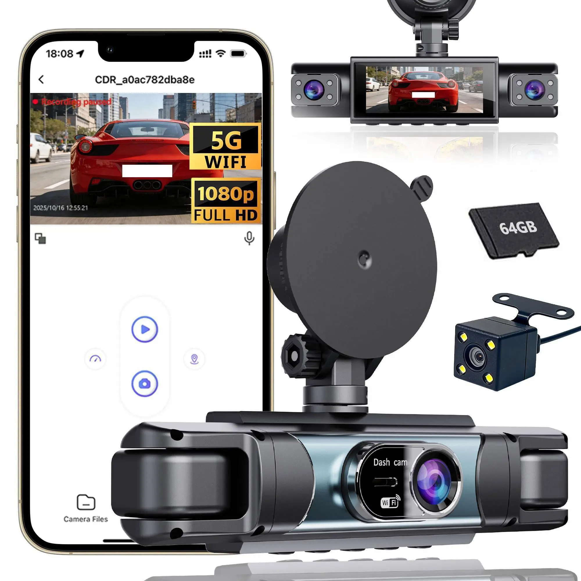 360° Driving Recorder Front and Rear View, 4-Channel, 5g WiFi, Night Vision, Wide-Angle, 24-Hour Parking Monitor, Supercapacitor, 64GB Card Included, WiFi Dash Camera