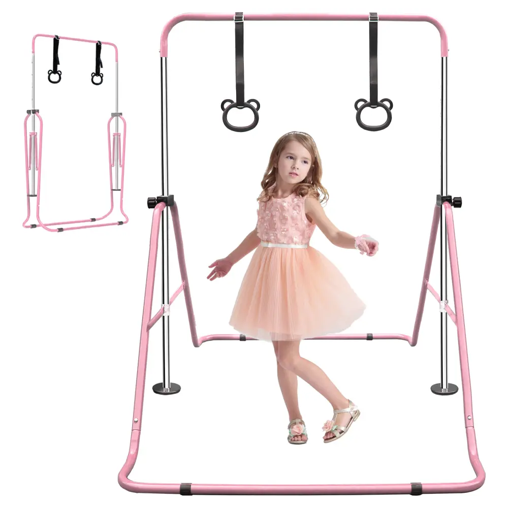 Expandable Gymnastics Bar for Kids - Height Adjustable Junior Training Bar for Home, Folding Gymnastic Horizontal Bars Equipment Pink