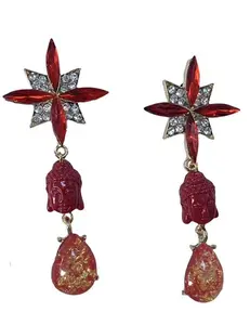 Gemstone Buddha Earrings Red Rhinestone Crystal Spiritual Opal Gold Sparkle