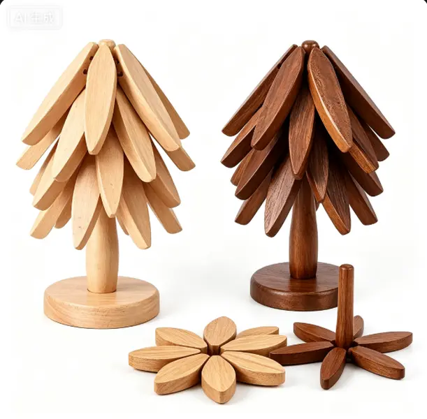 Foldable Tree Wooden Trivet Set, heat-proof pine walnut coasters with storage rack. Space-saving Nordic table mat shields surfaces from heat. Great summer kitchen decor and nice holiday present.