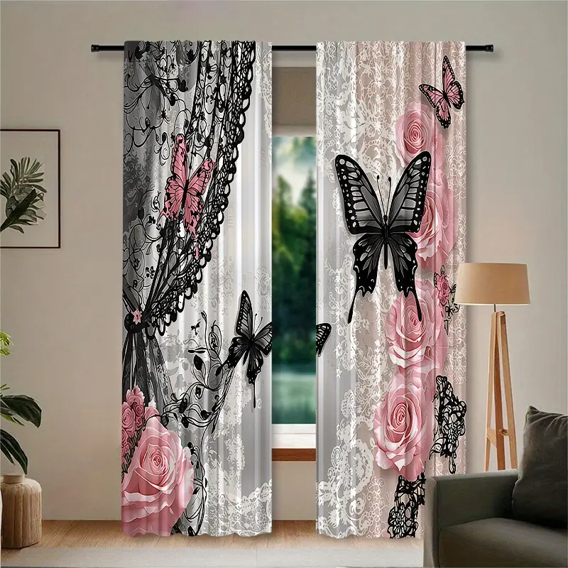 2pc, installed by pocket rod method, digital lace butterfly printed Floral Sheer Window Drapes, suitable for living room, closet, bedroom, study, dining room and home decoration, Window Curtains