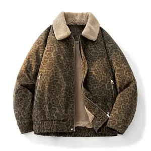 zip up jackets  LapelFleece Lined Warm coat Vintage Leopard Print winter outfits Trendy Casual  streetwear outfits mens clothing Long Sleeve Menswear Dark Gray