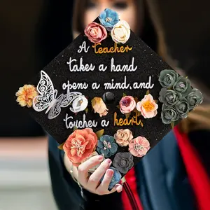 Butterfly Graduation Cap Topper with Flowers, A Teacher takes a hand opens a mind touches a heart, Class of 2024