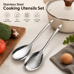 2 Counts, Stainless Steel Ladle and Strainer Spoon Set, Mirror Polished Deep Bowl Design, for Home Kitchen Food Serving and Draining