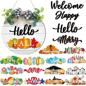20 count Interchangeable Welcome Sign for Front Door with 4 Sign and 14 Changeable Icons Farmhouse Front Porch Decor Rustic Wooden Door Decor Outdoor Seasonal Welcome Decorations(White)