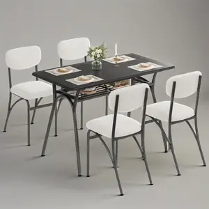 【Christmas Deal】GARVEE Dining Table Set With 4 Chairs Kitchen Table With Boucle Chairs for 4 Marble-Look Rectangular Table & 4 Upholstered Armchairs, Kitchen Table Set for Small Spaces & Apartments