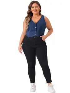 Agnes Orinda Plus Size Denim Vest for Women Sleeveless V Neck Button Down Casual Jean Waistcoat Jacket Blue