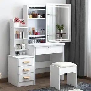 Minimalist White Vanity Table with Mirror & Drawers Modern Makeup Dressing Table with Three-Color LED Light Sliding Mirror Four Drawers One Shelf for Bedroom