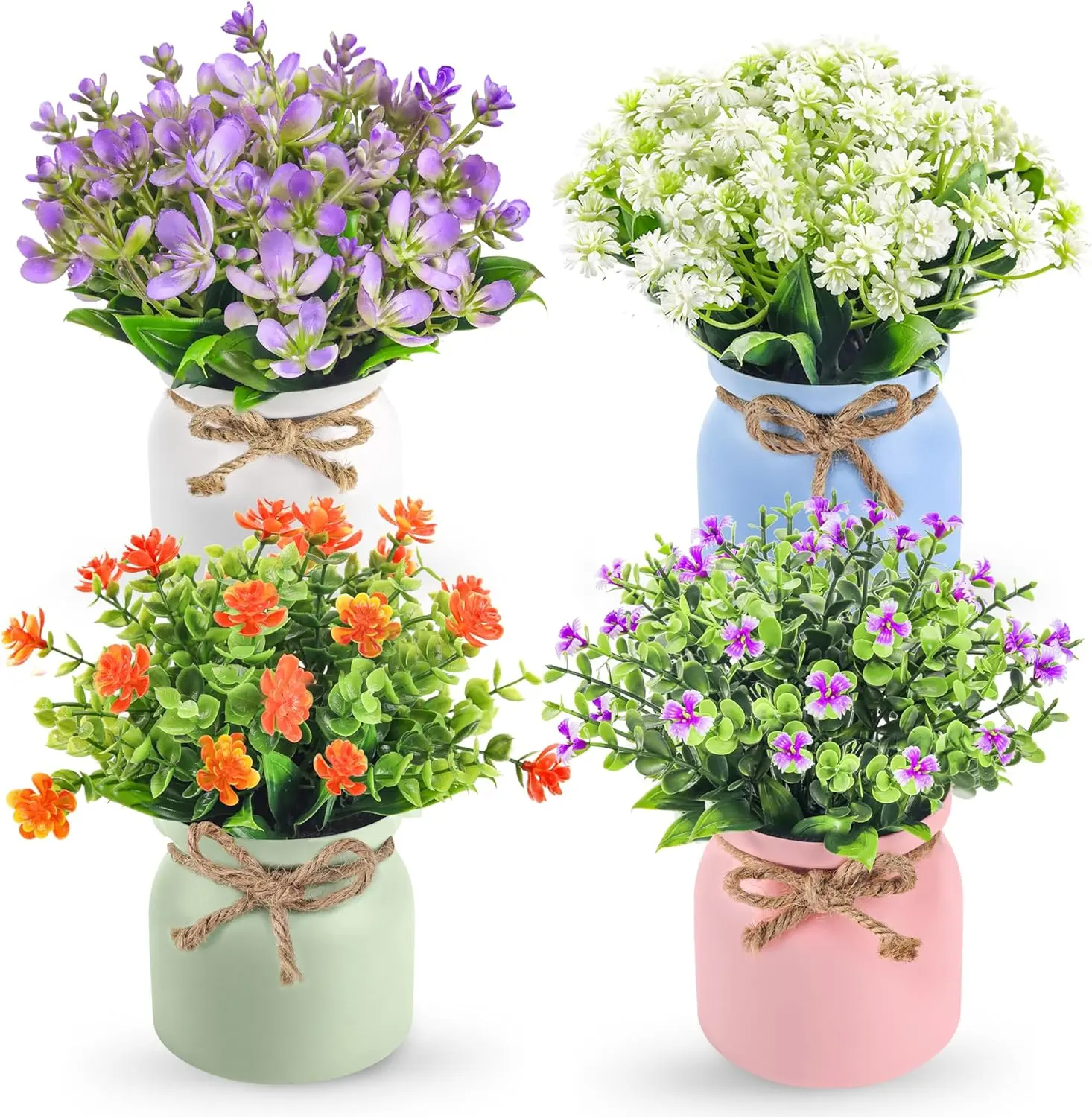 Der Rose 4 Pack Fake Plants Small Artificial Faux Flowers Plants in Plastic Macaron Pot for Home Bathroom Office Desk Accessories Wedding Decor Indoor artificial  plants