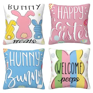 Easter Pillow Cover, Easter Sofa Decoration, Suitable for Indoor and Outdoor Use, Decorative Blue Pink Buffalo Grid Rabbit Pillow Cover, Spring Home Decoration, 4-piece Set with Double sided Printing