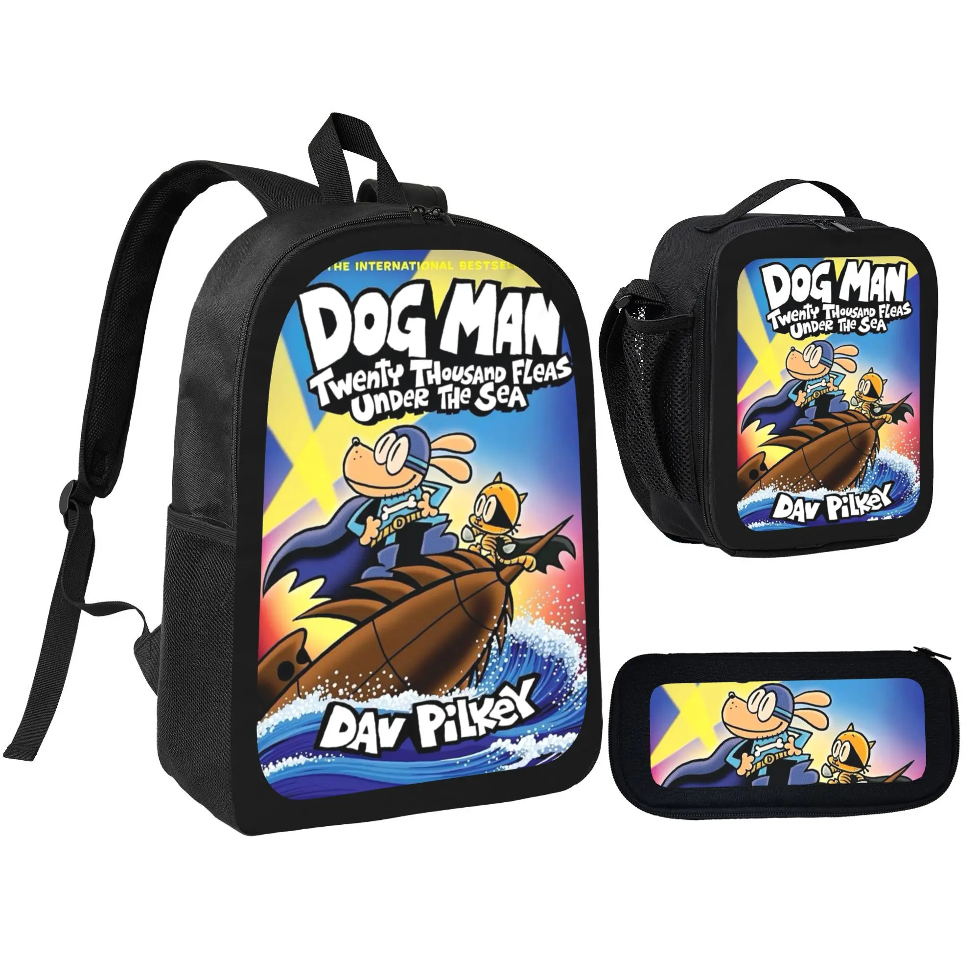 3 in 1 Dogman Cartoon School Backpack Set, Durable Oxford Bookbag with Insulated Lunch Box Bag and Matching Pencil Pouch, Ergonomic Lightweight Daypack for Kids Teens Boys Girls School Supplies