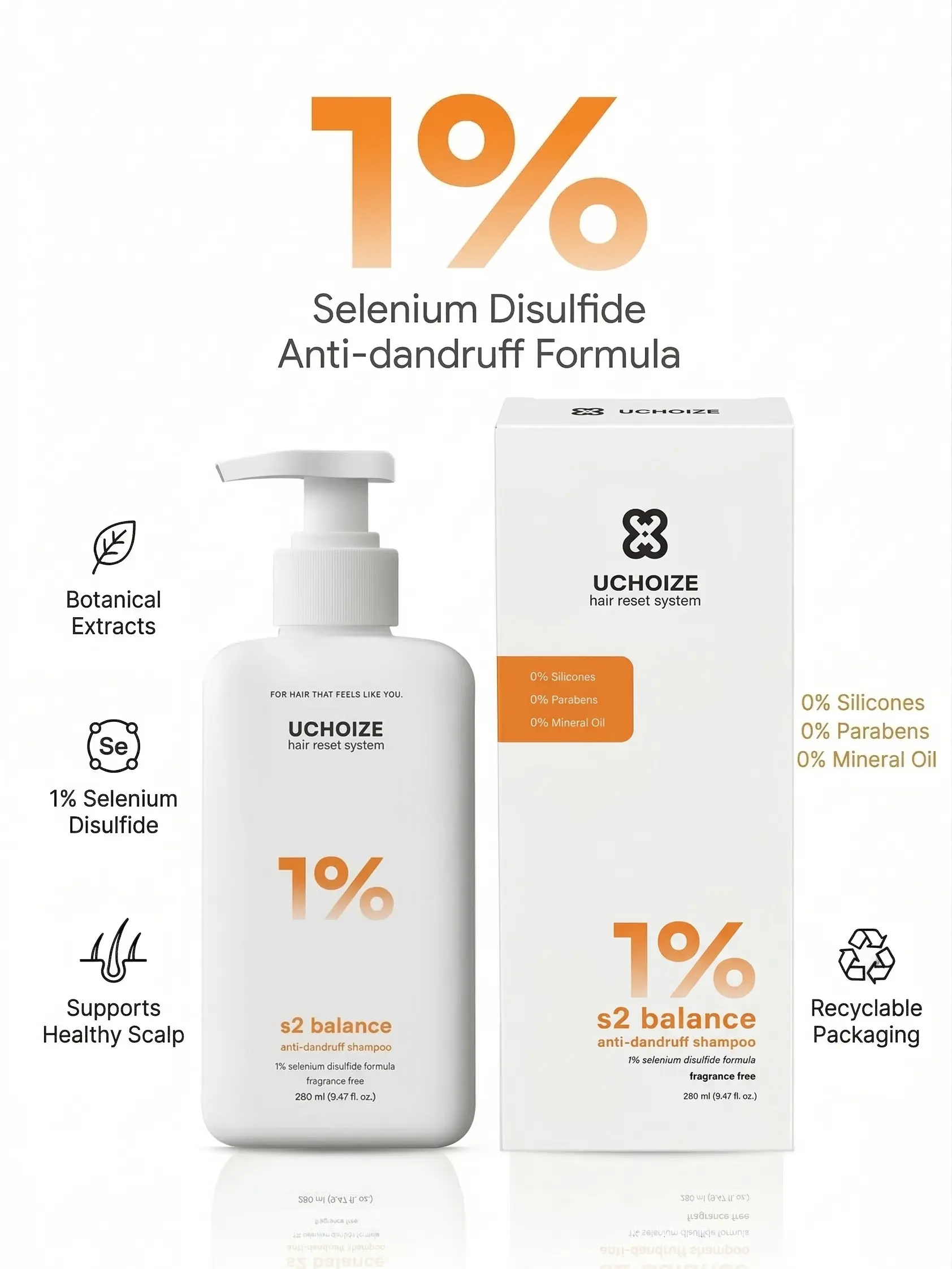 UCHOIZE S2 Balance Anti-Dandruff Shampoo with 1% Selenium Disulfide Sulfate-Free, Fragrance-Free, No Preservatives or Dyes, for Flaky & Oily Scalp, Itchy Scalp Relief, Seborrheic Dermatitis-Prone, Daily Use for Men & Women, 280ml