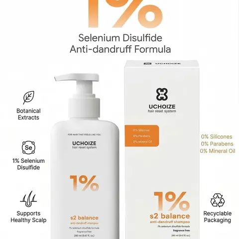 UCHOIZE S2 Balance Anti-Dandruff Shampoo with 1% Selenium Disulfide Sulfate-Free, Fragrance-Free, No Preservatives or Dyes, for Flaky & Oily Scalp, Itchy Scalp Relief, Seborrheic Dermatitis-Prone, Daily Use for Men & Women, 280ml, Haircare, Gentle