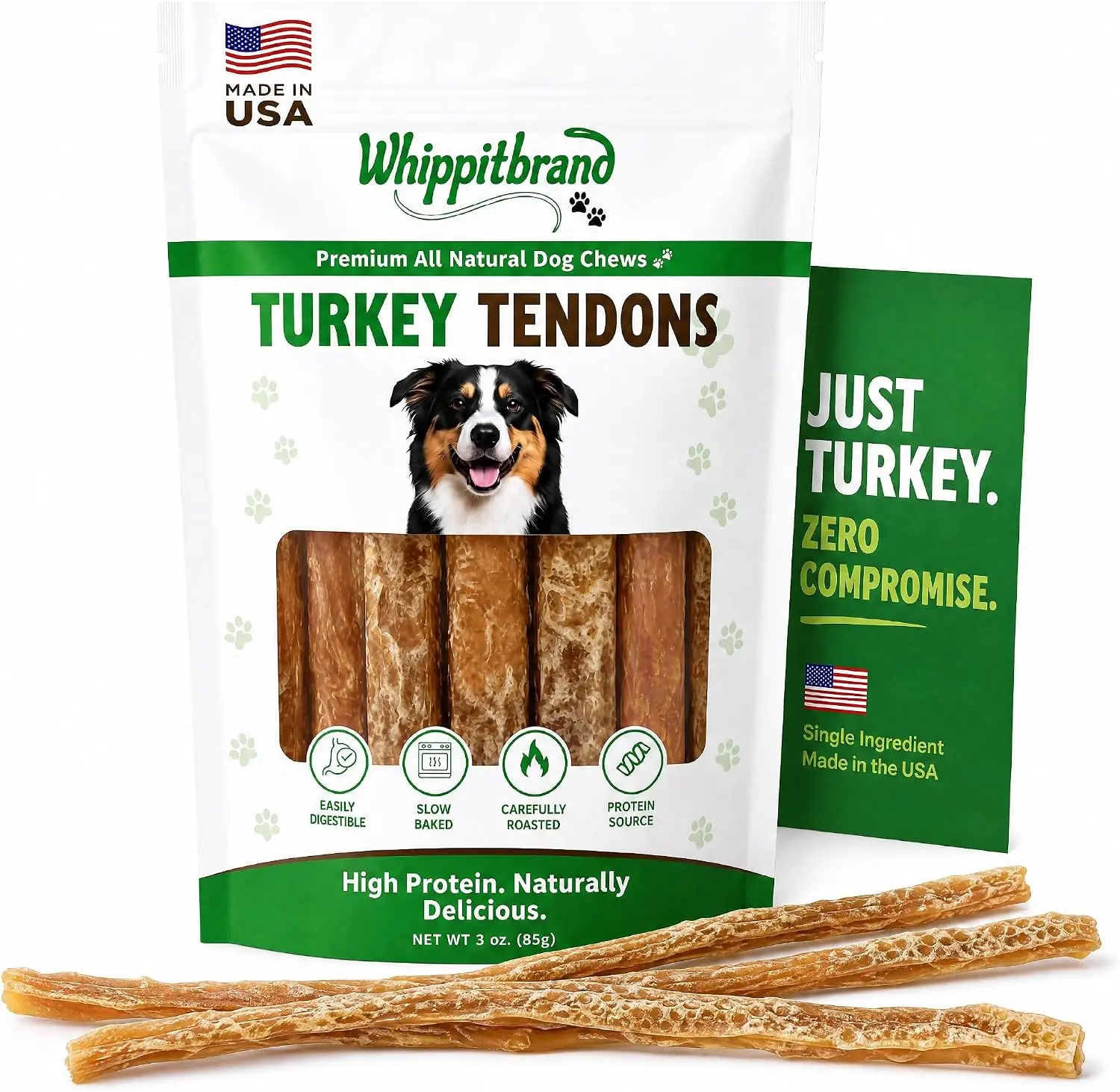 WHIPPIT 3 oz Natural Single-Ingredient Turkey Tendon Dog Chew Treats - Chew Bone