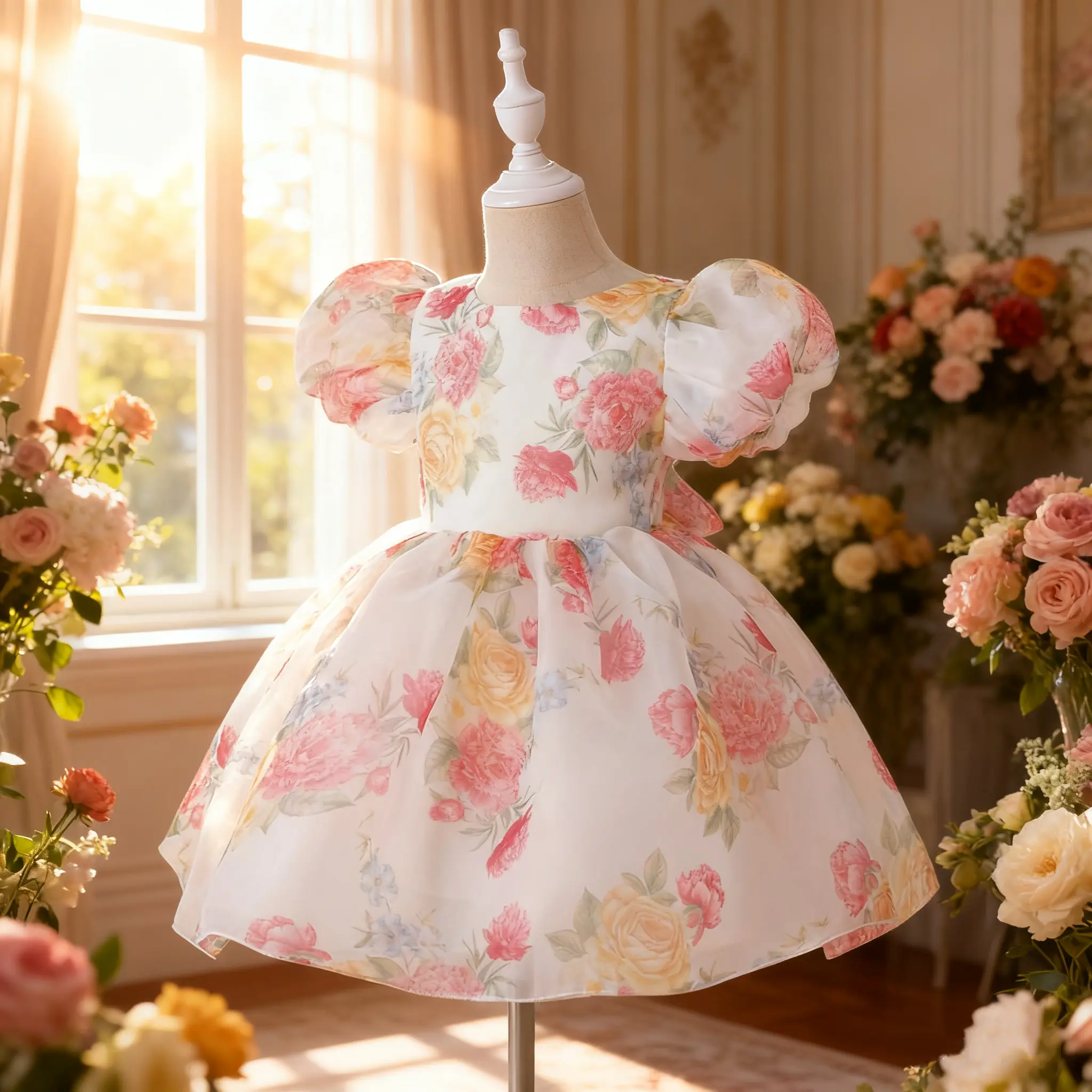 083 Newborn Girl's Korean Look Formal Wear, Cute Floral Print Round Neck Midi Length Mesh Princess Dress, Mesh Fabric