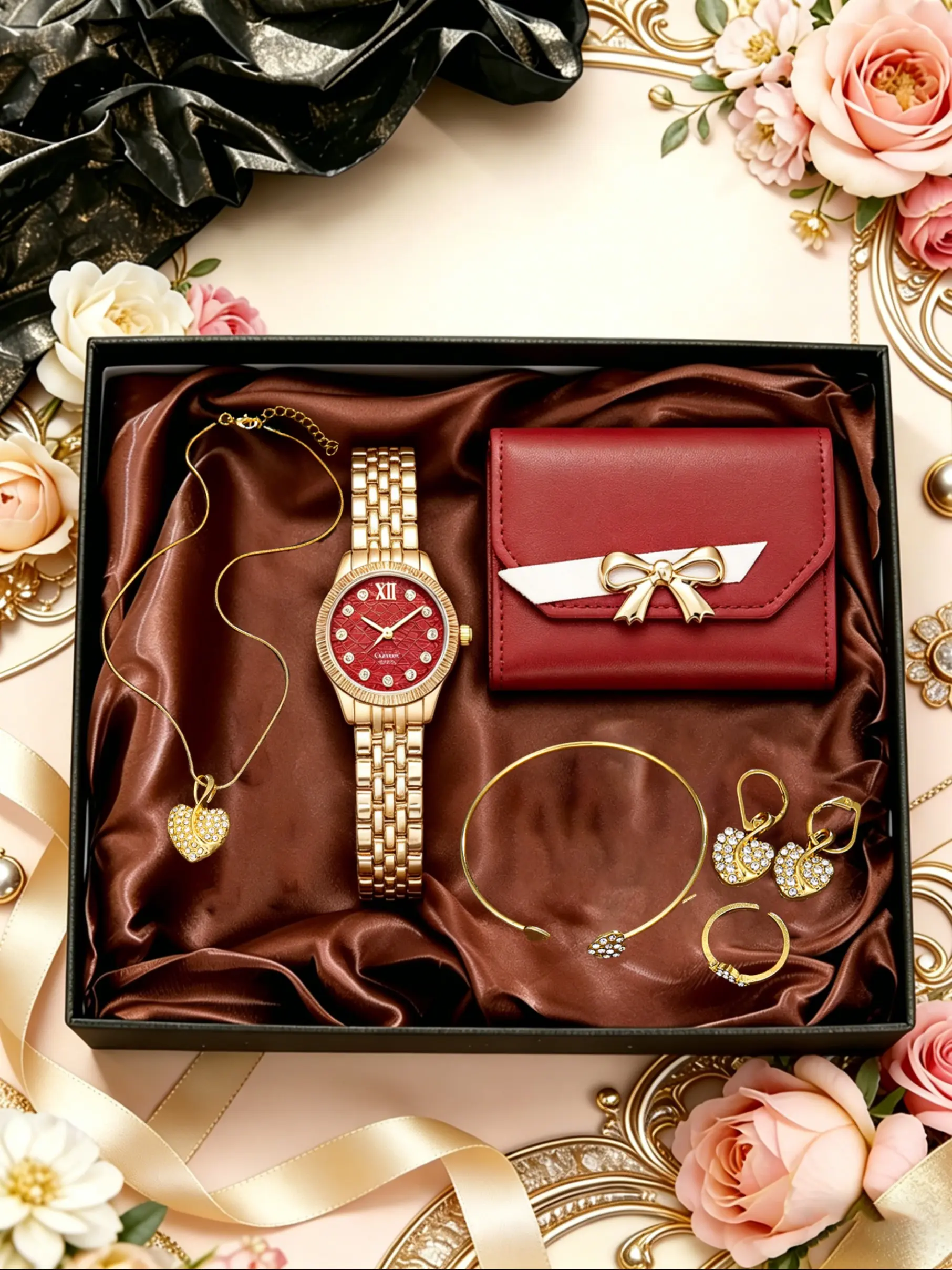 7pcs Mother's Day Gift Set, Luxury Jewelry Watch Box, Watch Necklace Earrings Ring Bracelet Wallet, Practical Gift for Mom Friends Family