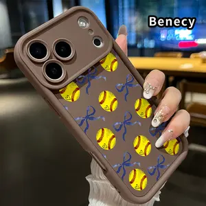 Softball Bow Dream Pattern TPU Phone Case for iPhone 17 Pro Max 16 15 14 Plus 13 12 Mini 11 XR X XS Air E Shockproof Non Slip Military-Grade Protection Silicone Cover Smartphone Casing