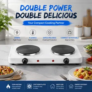 Hot Plate, 2000W Portable Induction Cooktop Double Burner with Dual Control & 5 Level Temperature Control, Easy to Clean, Lightweight Cast Iro-3152