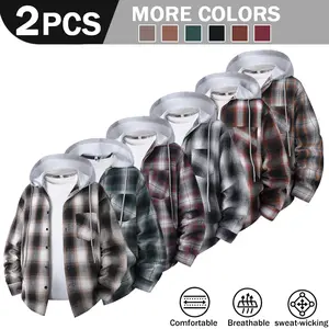 Men's 2-piece set of spring and autumn hooded checkered shirts, vintage checkered shirt, loose fit, suitable for campus, commuting, outdoor, street, casual, and versatile top