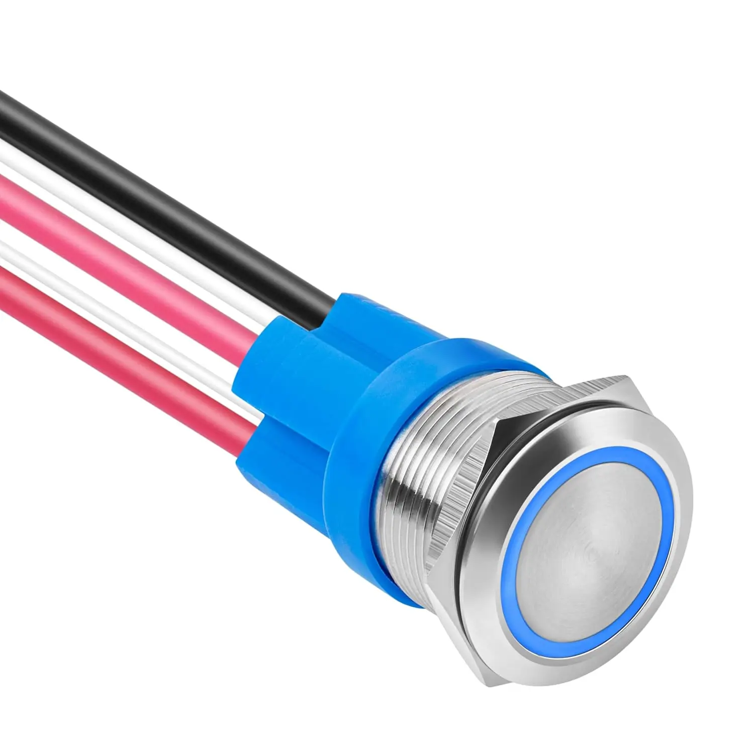 LED Latching Push Button Switch, Stainless Steel, IP67 Waterproof 5-24V 20A 1NO1NC, with Wire Socket Plug (1, Blue, 22mm)