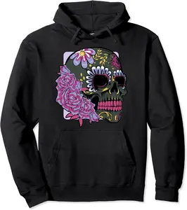 Floral Sugar Skull Dead Day Purple Flowers Gothic Skeleton Pullover Hoodie - Ajitasirba Shop 65B09L14TN8M