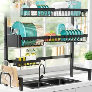 Sakugi Dish Drying Rack Over The Sink - XX-Large Capacity Stainless Steel Dish Drainer, Multifunctional Kitchen Organizer, Black, 12" D x 31.5"~39.5''W x 30.5" H, 10-15 kg Capacity