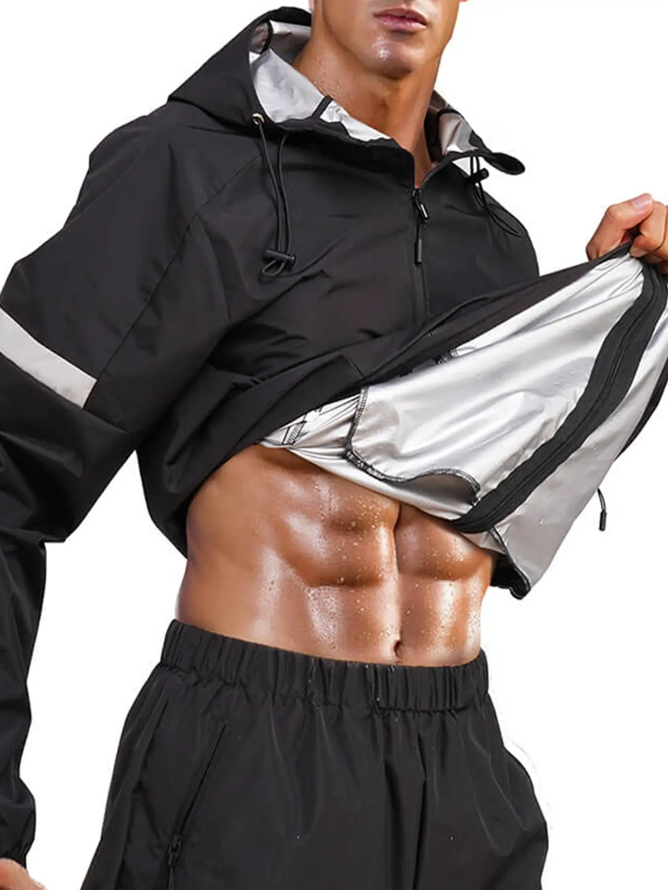 Men's Regular Fit Solid Zip Up Sauna Hooded Jacket, Breathable Drawstring Long Sleeve Sports Jacket, Hoodie for Men, Athletic Clothes, Athlete Jackets, Sporty Breathable Outerwear, Athletic Jackets, Fitness Outerwear