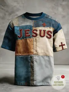 Vintage Patchwork Jesus Print T-Shirt, Retro Washed Cross Design, Streetwear for Christian Believers, Y2K Rock Style, Daily Wear & Church