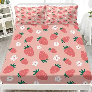 Three pieces Pink cute strawberry Floral Print Bed Sheet Set, 3 Piece Bedding, Includes 1 Fitted Sheet and 2 Pillowcases, Ideal for Bedroom or Guest Room, Decorative Bedsheet Sets
