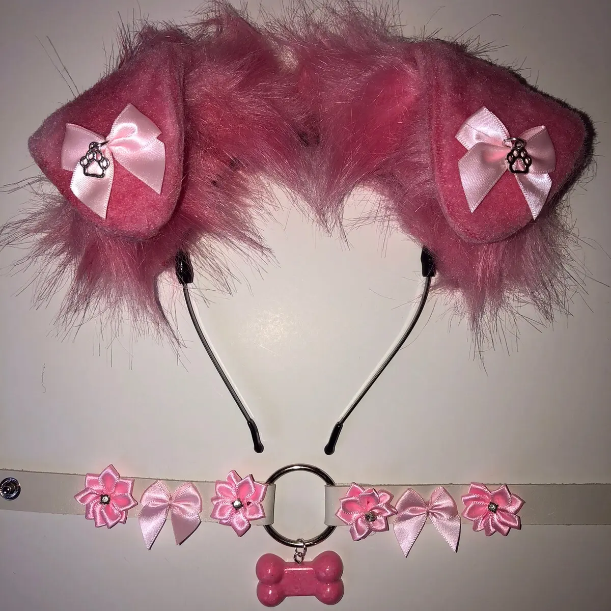 All Pink Pup Cosplay ear with white pink necklace  Halloween costume