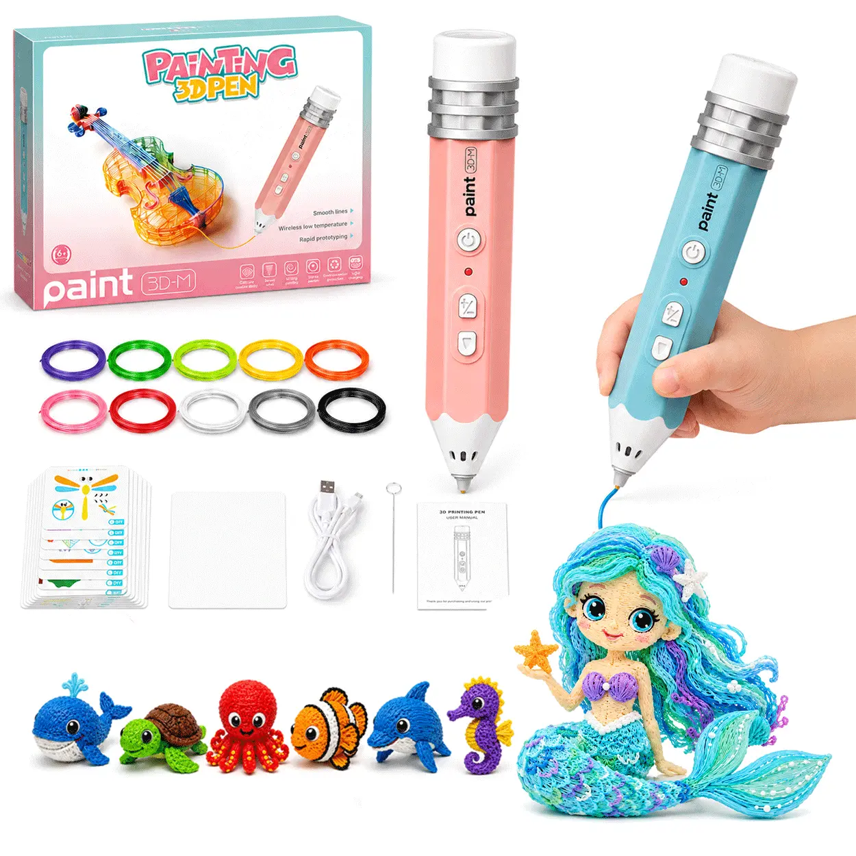 Safe Low Temp 3D Pen Set for Kids - Cool-Touch 3D Drawing Printer Pen with 164 Ft (10 Rolls) PCL Filament & Stencil Book - Creative STEM Toy & Birthday Gift for Kids Ages 6+