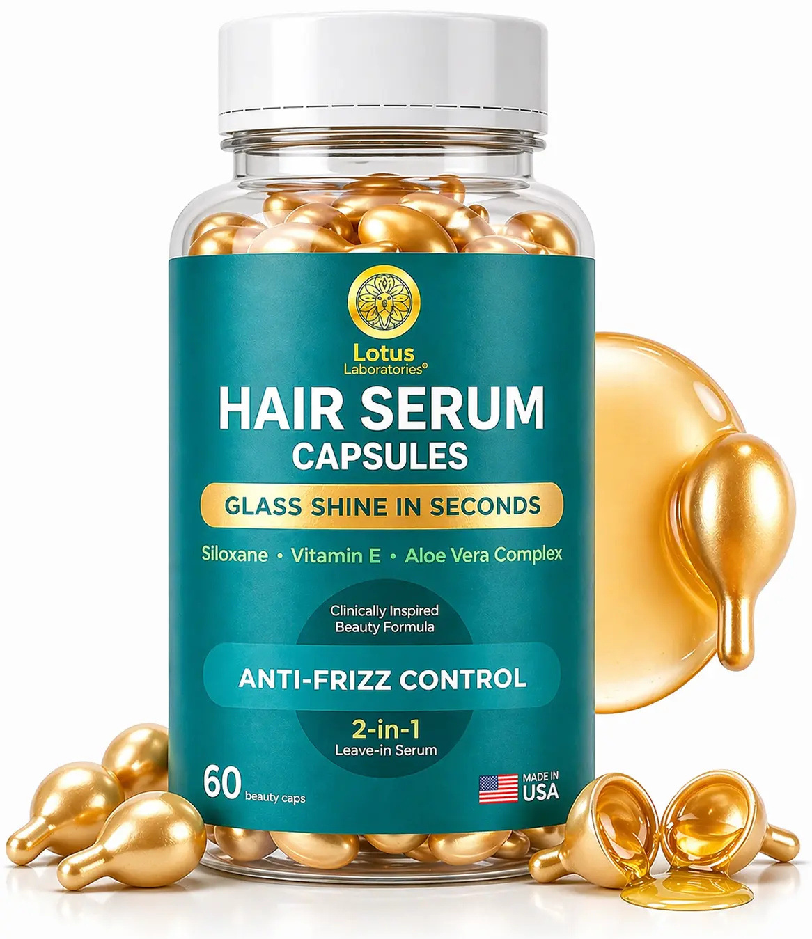 Hair Serum for Frizzy Hair - Instant Glass Shine, 60 Capsules, Made in USA | Multi-Use Hair & Face Formula with Siloxane, Vitamin E & Aloe Vera to Smooth Frizz, Nourish Dry Skin & Add Radiant Shine