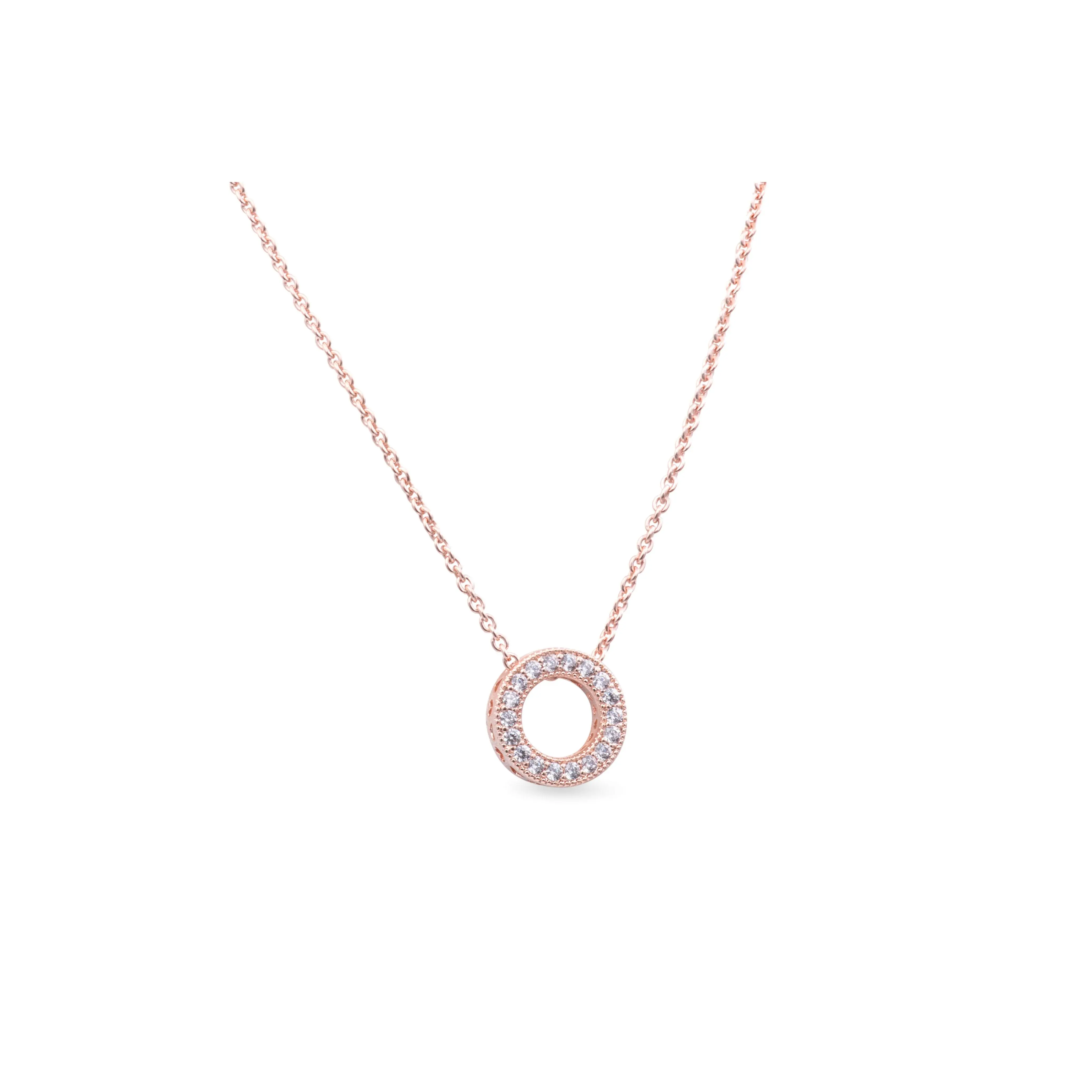 Women's Pandora Logo Pave Circle Silver Collier Necklace 387436C01-45, Reversible Hand-Finished Design, Open Center Round Shape, Heart Cubic Zirconia, Logo Engraved Polished Reverse Side, Highly Detailed, Elegant Everyday Jewelry