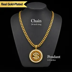Gold-Plated Cuban Link Necklace Chain for Men, Rotating Dollar Sign Fidget Pendant, Streetwear Bling CZ Men’s Jewelry